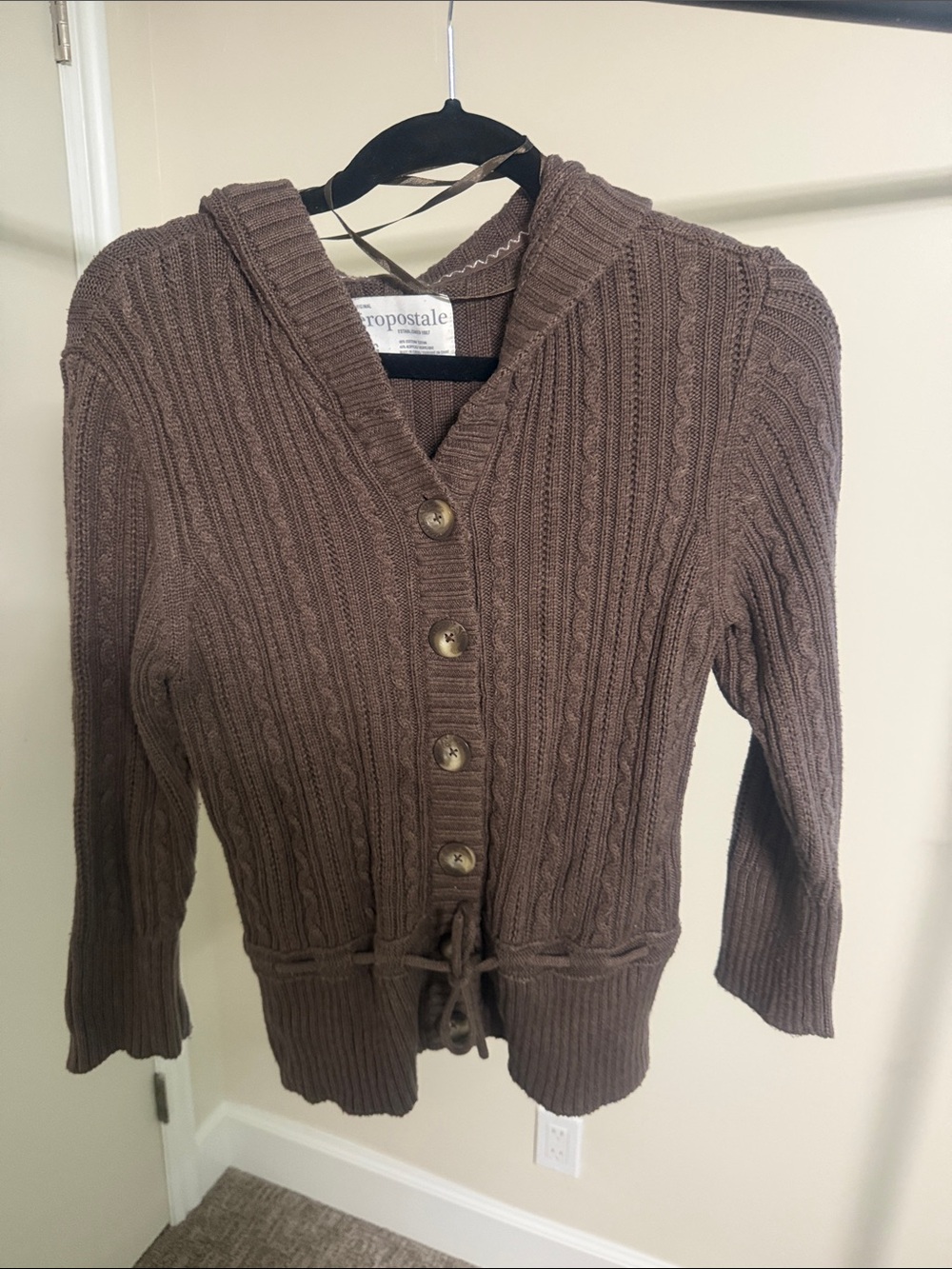 Aeropostale Brown Cable-Knit Hooded Button Cardigan